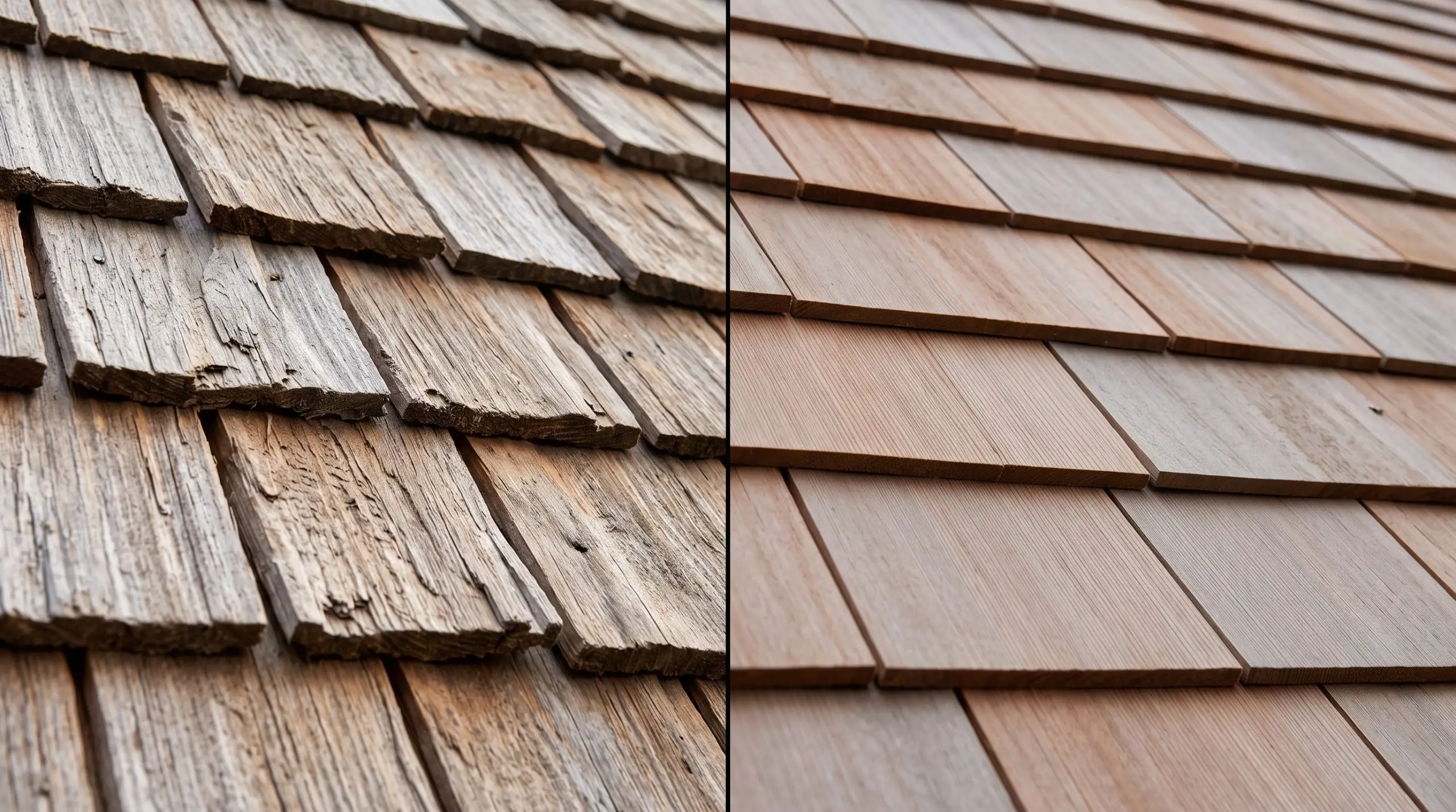 On the left, show thick, rustic, hand-split cedar shakes with pronounced wood grain and irregular shadow lines. On the right, show smooth, precisely sawn cedar shingles with a uniform tapered profile.