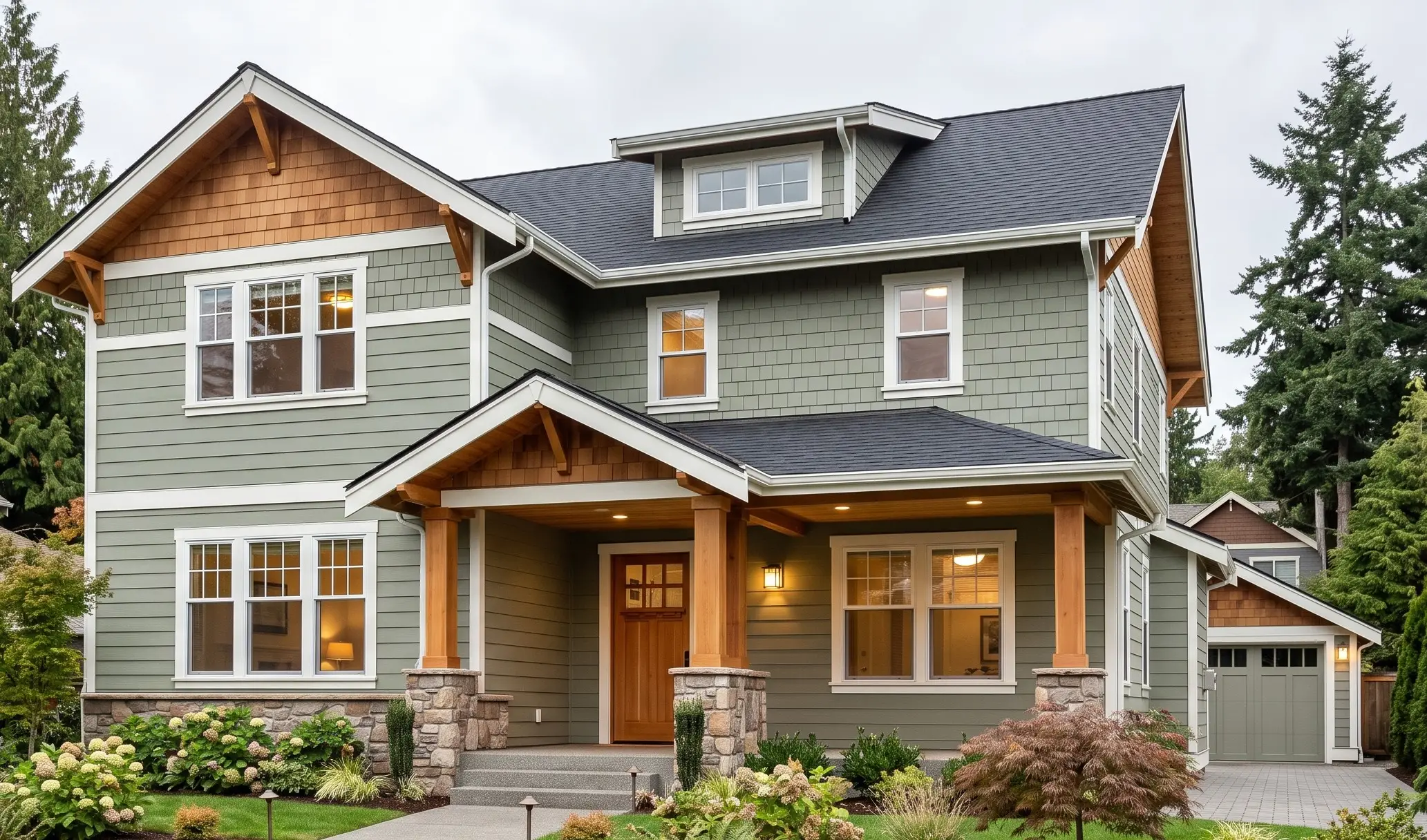 A fully renovated Greater Seattle Craftsman home featuring elegant sage-green composite lap siding, warm wood accents, clean white window trim, and immaculate corner details.