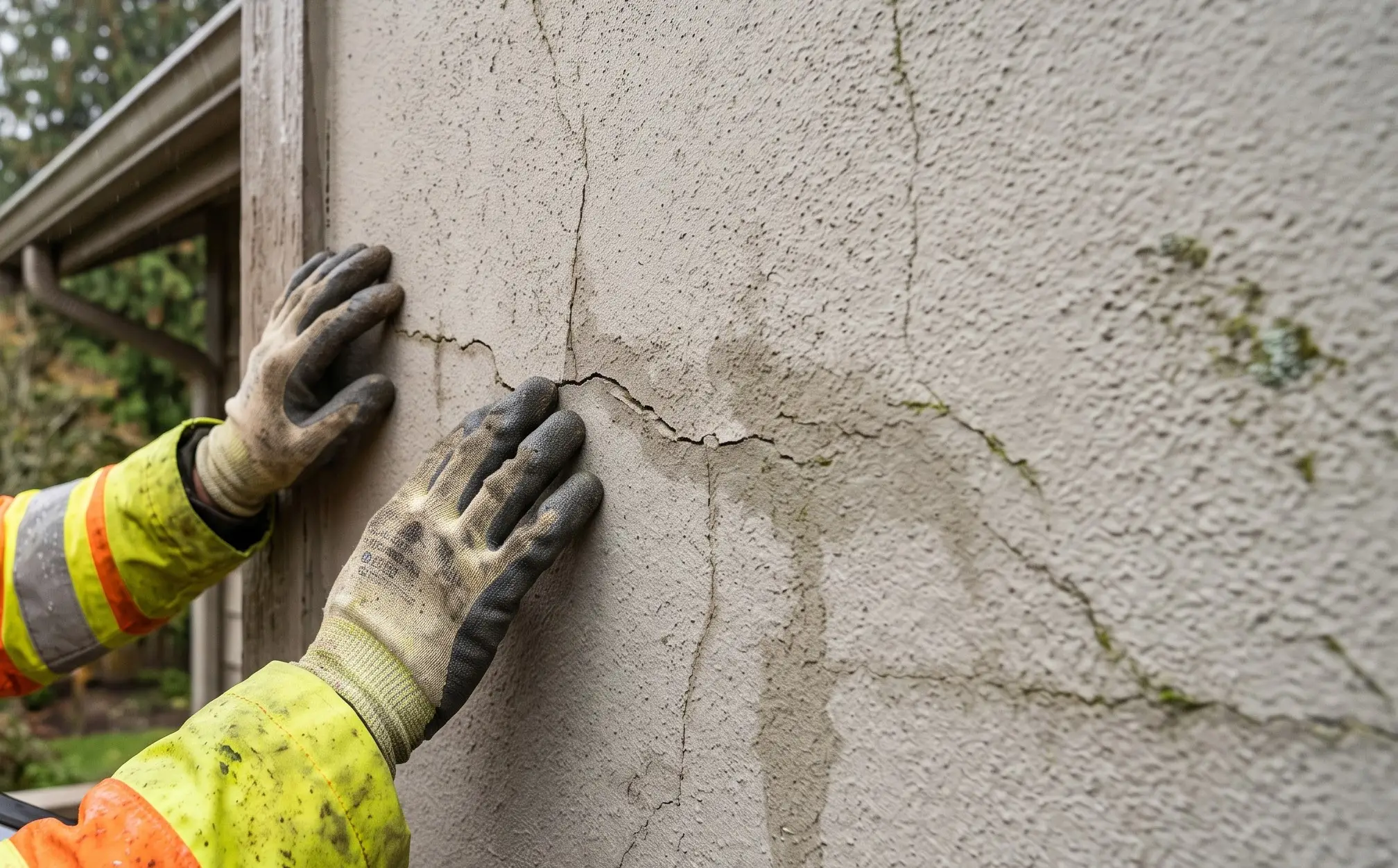 an experienced exterior siding specialist inspecting cracks and subtle moisture staining on a residential stucco wall in Greater Seattle