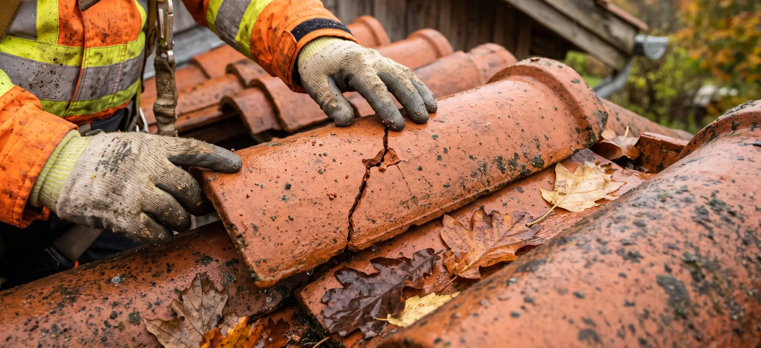 A professional roofing specialist inspecting a cracked clay roof tile on a Seattle-area home.